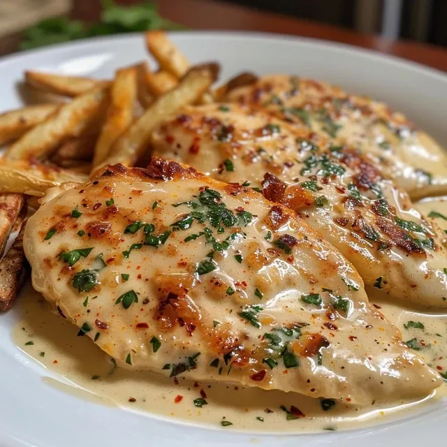 Savoring Family Moments: Chicken Fillet in a Spicy, Creamy Embrace Tender chicken fillet coated in creamy sauce, with garlic and parmesan visible in the dish.