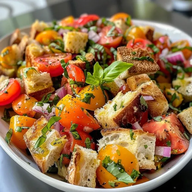 Sun-Kissed Flavors: A Panzanella Salad Celebration Detailed shot of Panzanella Salad showcasing heirloom tomatoes and red onion slices.