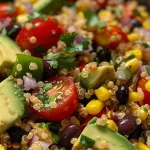 Detailed image of a Southwest Quinoa Salad featuring corn, green onions, and cilantro.