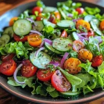 Juicy fresh garden salad with a medley of vegetables, including tomatoes and cucumbers, elegantly arranged.