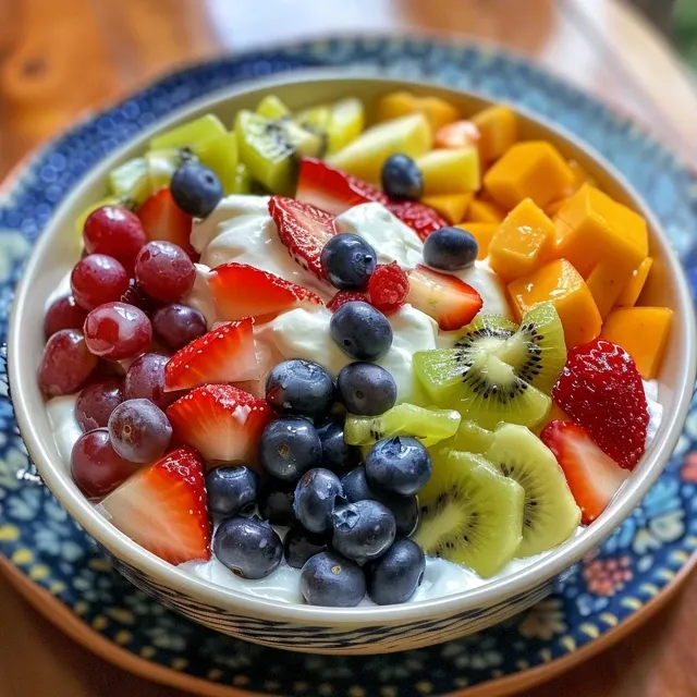 Whipped Dreams: A Fruit Cream Celebration of Togetherness A vibrant mix of fruits such as banana, mango, and green grapes in whipped cream, showing rich textures.