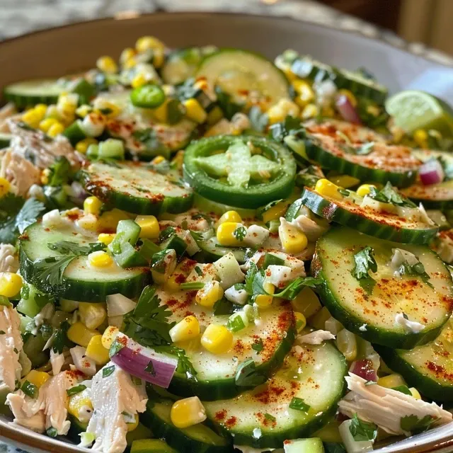 A Summer Picnic Delight: Street Corn Creamy Cucumber Salad Side perspective of a creamy salad with diced vegetables and chicken, garnished with cilantro.