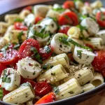 Side view of a bowl filled with Creamy Caprese Pasta Salad, showcasing colorful ingredients and creamy dressing.
