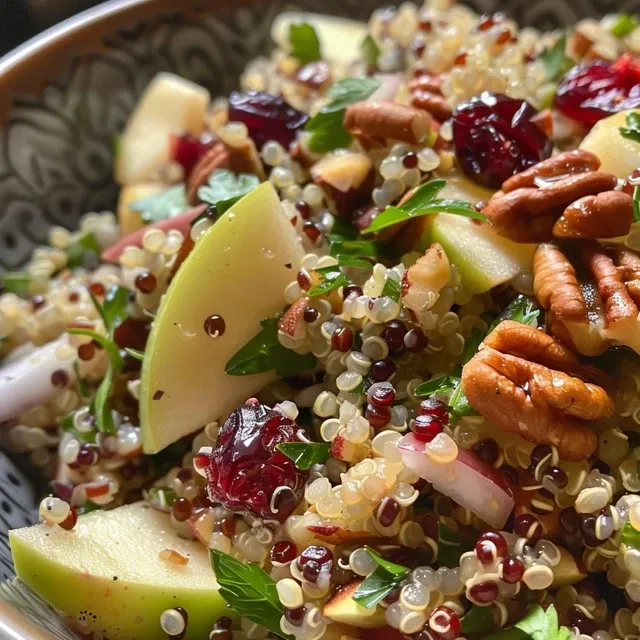 A Harvest of Memories: Apple Quinoa Salad to Cherish A mouth-watering Apple Quinoa Salad displayed with distinct layers of ingredients like apples and pecans.