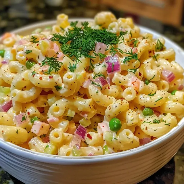 A Bowl of Nostalgia: The Macaroni Salad That Brings Us Together Side view of a creamy macaroni salad filled with fresh vegetables and cheese cubes.