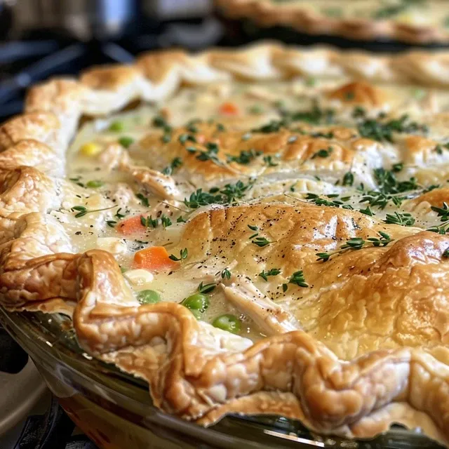 The Cozy Embrace of Chicken Pot Pie: A Family Tradition Detailed image of a chicken pot pie displaying a rich filling of shredded chicken and colorful vegetables.