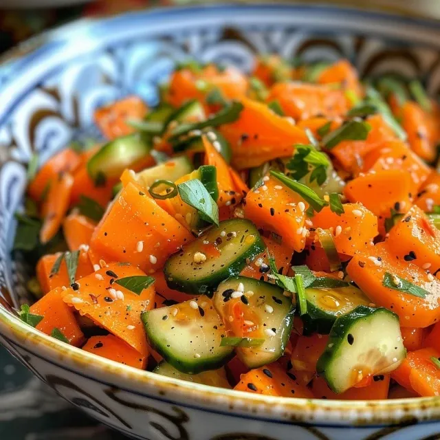 A Refreshing Crunch: Memories of Summer Picnics with Carrot Cucumber Salad Juicy Carrot Cucumber Salad captured in a close-up, emphasizing texture and freshness.
