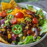 A hearty traditional taco salad showcasing layers of ground beef, beans, and fresh veggies.