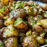 Detailed shot of a colorful roasted potato salad garnished with pistachios and herbs.