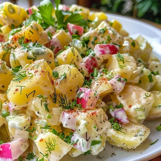 Nostalgic Vegan Potato Salad: A Hug in a Bowl Detailed shot of Vegan Potato Salad featuring Yukon Gold potatoes and seasonings.