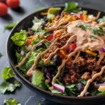 A detailed shot of creamy taco salad dressing, emphasizing its creamy texture and fresh ingredients.