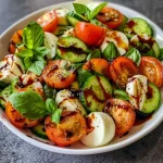 Juicy Cucumber Caprese Salad in focus, showcasing cucumbers, cheese, and herbs.