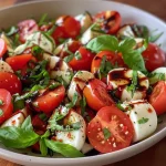 Side view of a colorful Caprese salad showcasing layers of ripe tomatoes and cheese.