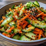 Juicy Asian-style salad with sliced cucumbers and carrots, drizzled in sesame oil.