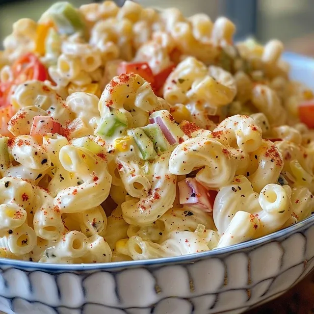 Nostalgia in a Bowl: The Creamy Macaroni Salad That Brings Us Together Juicy macaroni salad in a bowl, showcasing its creamy texture and fresh vegetables.