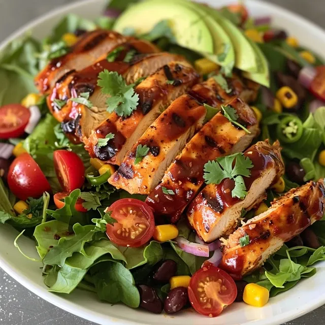 A Bowl of Sunshine: BBQ Chicken Salad with Creamy Avocado Dressing Juicy BBQ chicken salad garnished with cherry tomatoes and a creamy dressing.