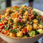 A side view of a high-protein salad with chickpeas, quinoa, and various chopped vegetables, drizzled with olive oil.