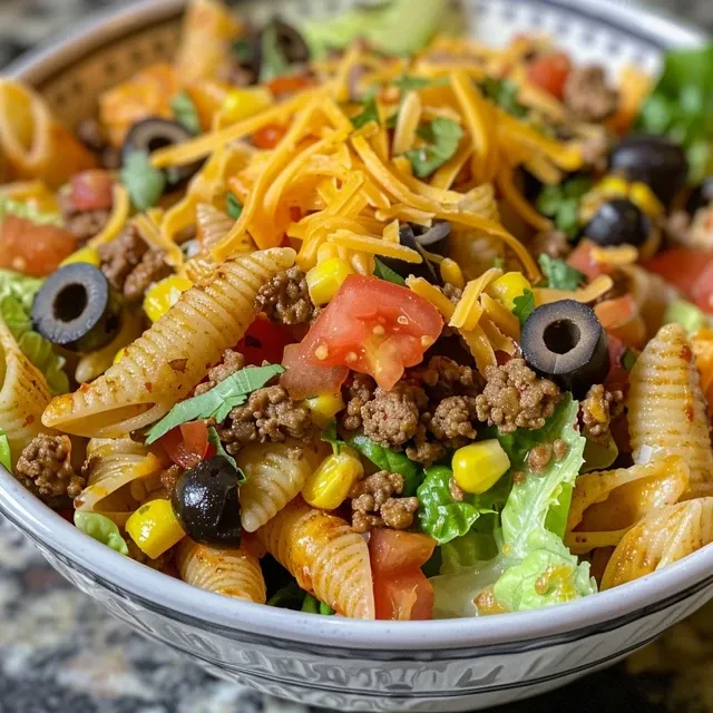 Savoring Summer with Taco Pasta Salad: A Dish That Brings Us Together Juicy Taco Pasta Salad with layers of cheese, olives, and tomatoes.