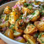 Juicy, crispy smashed potatoes mixed with fresh herbs and dressing in a bowl.