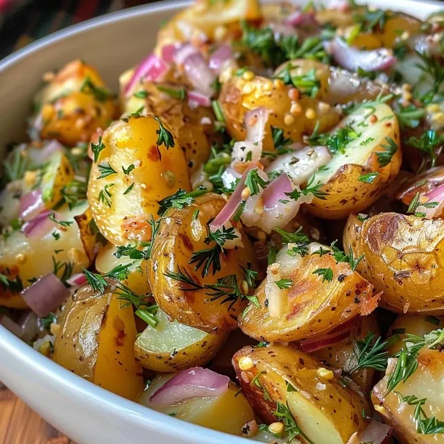 The Potato Salad that Reminds Us of Sunlit Gatherings Juicy, crispy smashed potatoes mixed with fresh herbs and dressing in a bowl.