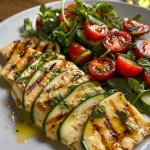 Juicy Grilled Halloumi Salad arranged with sliced cucumbers, halved tomatoes, and a sprinkle of mint.