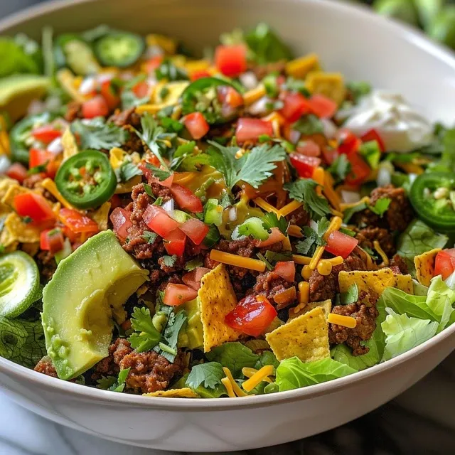 A Taco Salad That Whispers of Family Gatherings Side angle of a delicious taco salad loaded with fresh ingredients and tortilla strips.