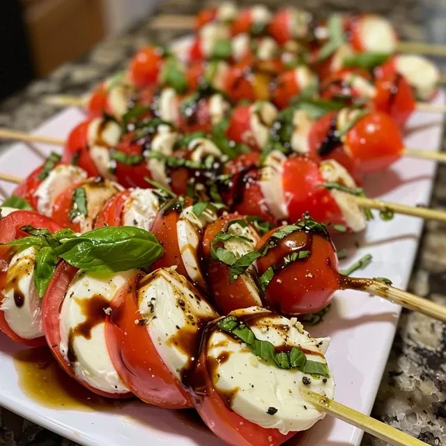 A Symphony of Flavors: Quick & Easy Caprese Skewers to Share Love Juicy Caprese skewers with thick slices of tomatoes and mozzarella cheese, garnished with basil.