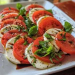 Fresh tomatoes, mozzarella slices, and basil leaves arranged on a plate, with olive oil and balsamic drizzle enhancing the colors.