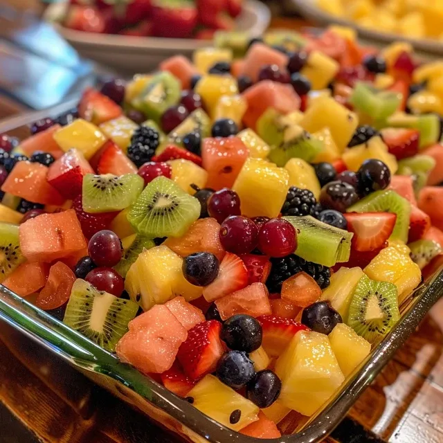 A Colorful Symphony of Summer: The Ultimate Fruit Salad A detailed view of a mixed fruit salad including grapes and pomegranate seeds.
