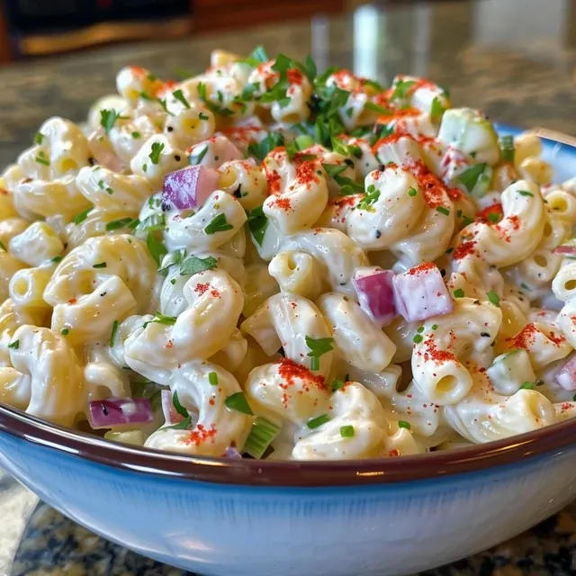 A Summery Scoop of Guy Fieri’s Macaroni Salad That Feels Like Family Delicious macaroni salad featuring elbow pasta and fresh ingredients.
