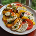 Side view of colorful Insalata Caprese featuring mozzarella and tomatoes.