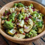 A detailed shot of a fresh salad bowl filled with broccoli, diced Honeycrisp apples, nuts, and cranberries, highlighting its textures.