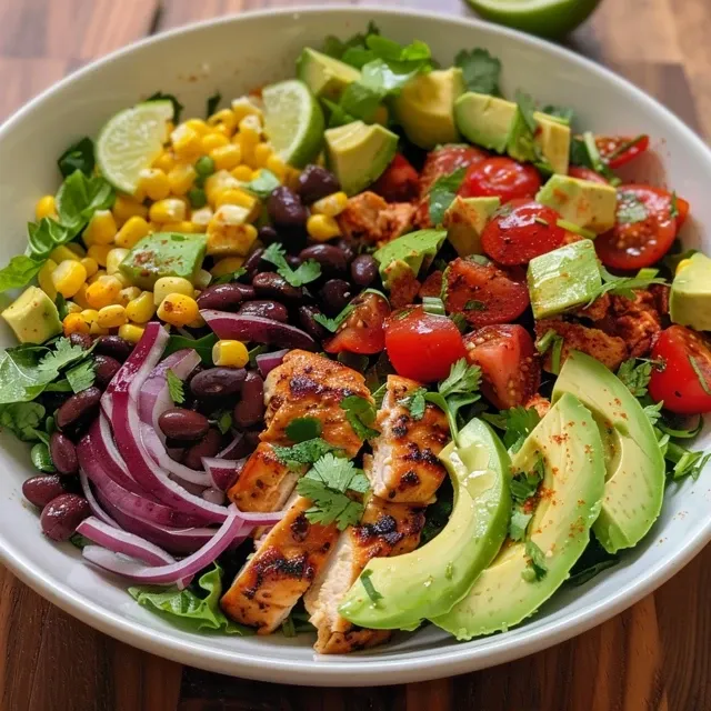 Juicy Spicy Southwest Salad featuring diced tomatoes, sliced avocado, and crispy tortilla strips.
