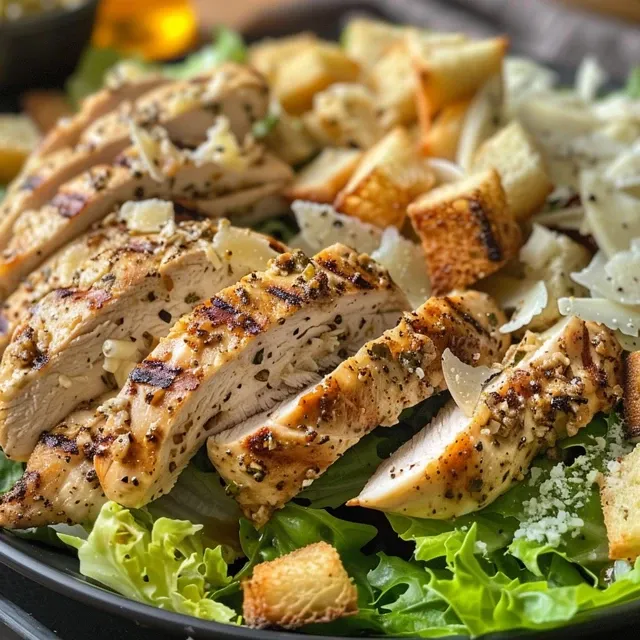 The Grilled Chicken Caesar Salad That Brings Family Together Detailed photo of a Grilled Chicken Caesar Salad showcasing croutons and a drizzle of dressing.