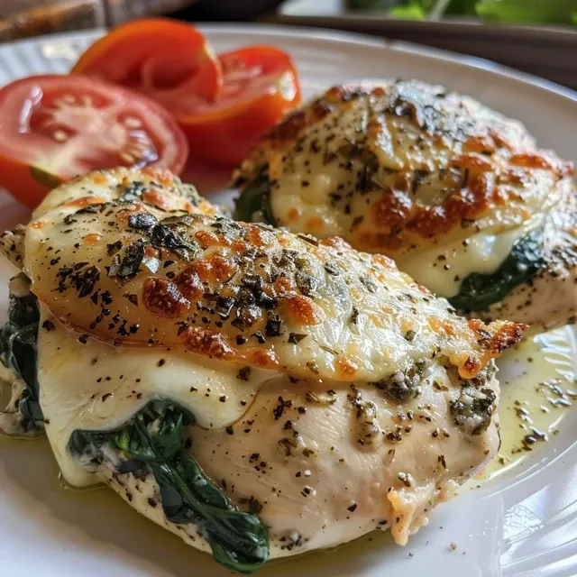 A Family Favorite: Spinach Stuffed Chicken That Brings Us Together Close up of a cooked chicken breast filled with spinach and cheese.