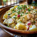 Juicy Southern potato salad in a bowl, highlighting potatoes and vegetables.