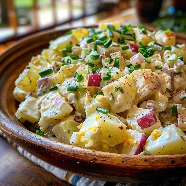 A Heartfelt Southern Potato Salad That Brings Us Together Juicy Southern potato salad in a bowl, highlighting potatoes and vegetables.
