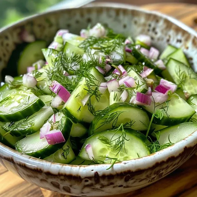 A Refreshing Embrace: The Creamy Cucumber Salad That Speaks of Summer Days Juicy cucumber salad featuring a creamy dressing and red onion bits.