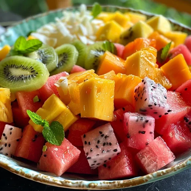 A bowl of mango salad showcasing ripe mangoes and assorted vegetables, topped with a zesty dressing.