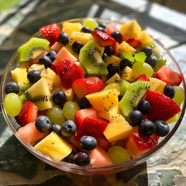 Succulent mixture of strawberries, blueberries, and tropical fruits arranged in a bowl.