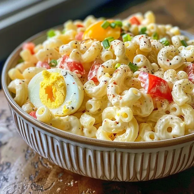 Freshly prepared Sweet Tangy Amish Macaroni Salad arranged beautifully in a bowl.