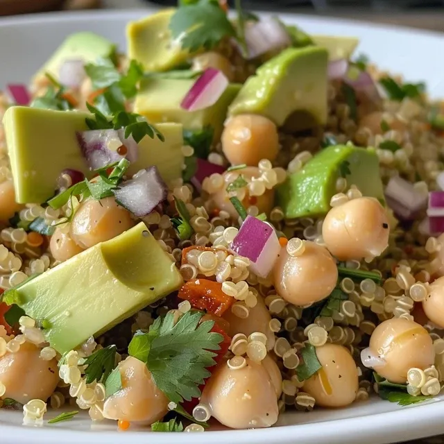 Juicy quinoa salad with ingredients like chickpeas and diced avocado on a plate.