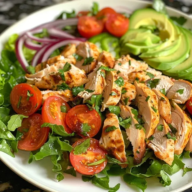 Detailed view of a chipotle lime chicken salad showcasing layers of ingredients and textures.