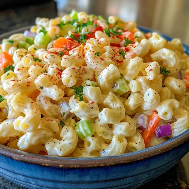 Bowl of macaroni salad showcasing vibrant ingredients like celery and bell pepper.