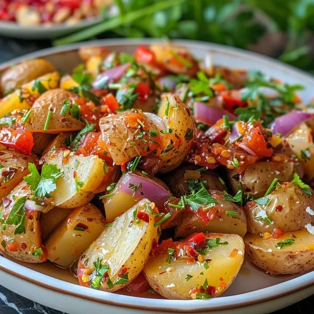 Close-up shot highlighting the ingredients of a fresh crispy potato salad.