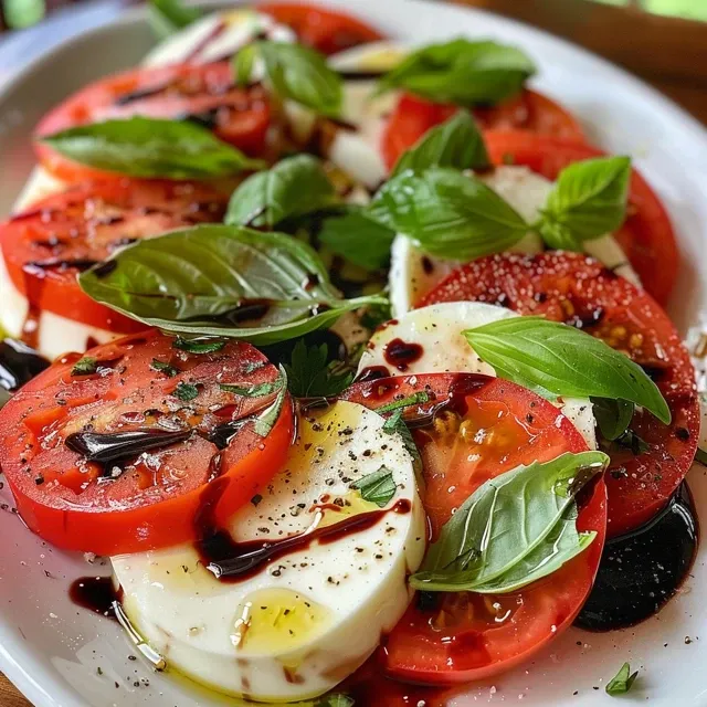 Juicy slices of mozzarella and tomatoes arranged with basil, enhanced by a balsamic reduction.