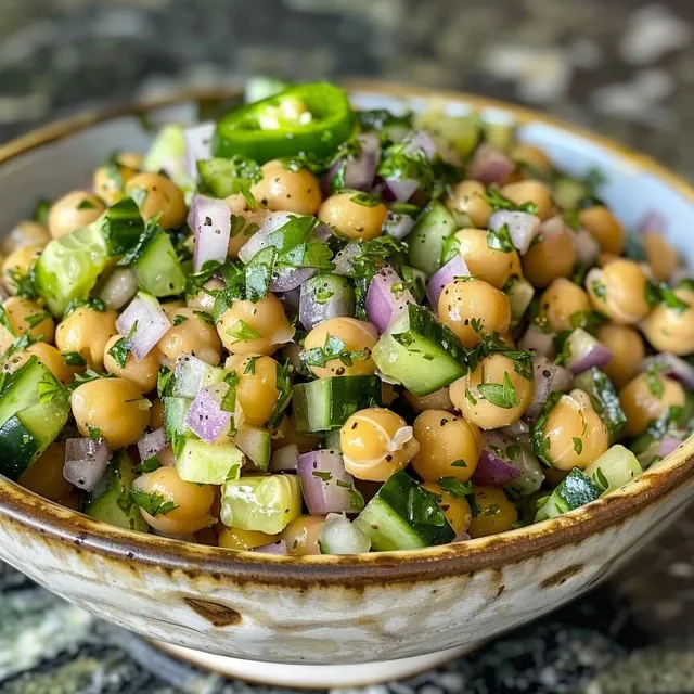 Close-up of a Mediterranean Chickpea Salad, highlighting the fresh ingredients and textures of the dish.