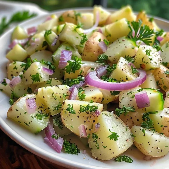 Fresh potato and cucumber salad with red onion, herbs, and a creamy sauce, captured in natural light.