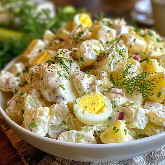 Mouthwatering classic potato salad in a bowl, showcasing its creamy texture and fresh ingredients.