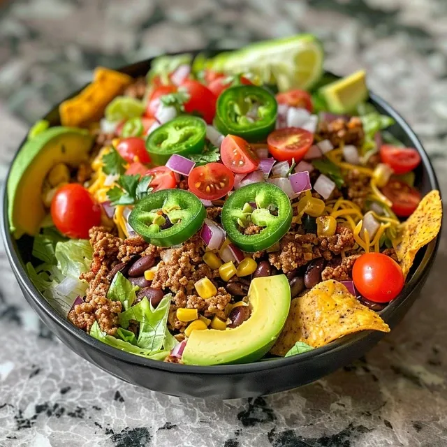 Detailed view of a taco salad bowl, highlighting fresh ingredients like beans and salsa.